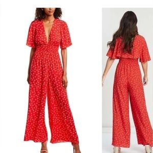 Finders Keepers Frida Plunging Neck Wide Leg Floral Jumpsuit Red Small.
